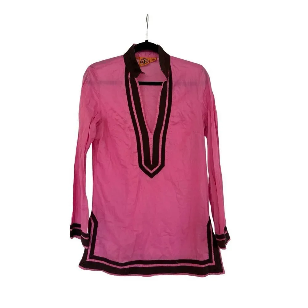 Tory Burch Womens Pink Long Sleeve Cotton Kaftan Tunic Cover-up Dress Size